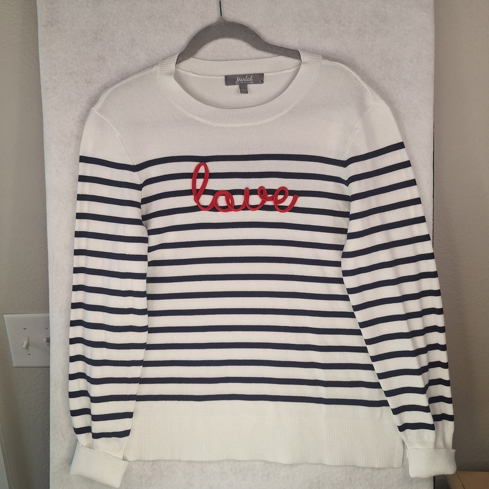 Marled Love Striped Sweater White Navy Blue Red Size L Embroidered Nautical